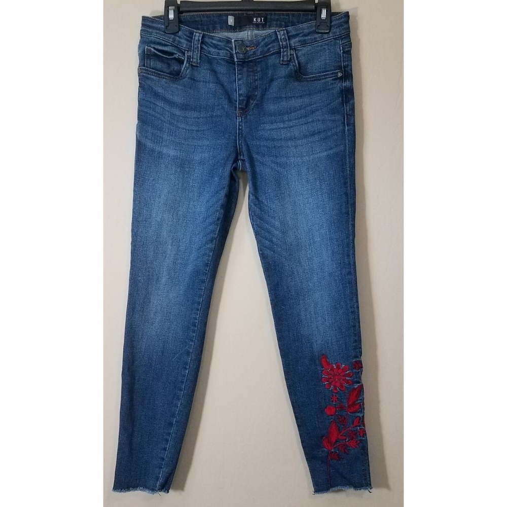 Kut from the Kloth Connie Ankle‎ Skinny Jeans Women sz 4 Red Floral Embroidered